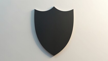 Black shield on bright background symbolizes protection, security. Sleek modern design conveys strength, resilience, confidence. Minimalist, solitary object signifies defense and safety.