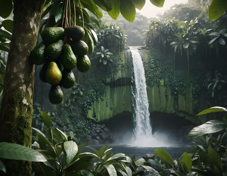 Lush Rainforest Waterfall with Avocados