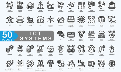 ICT Systems outline icon set collection. Consist of Digital Connectivity, Enabled Learning, Finance, Social Innovation, Agriculture. Simple vector illustration.