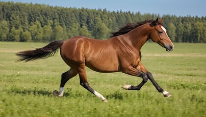 Fototapeta premium Chestnut Horse Galloping in a Green Field