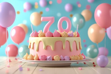 Pastel 3D birthday cake with number 70, balloons, spacious design.