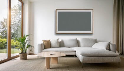 White Room Interior Showcasing Stunning Blank Frame Mockup, Perfect Canvas for Artwork Set Against Minimalist Backdrop, Inviting Creative Inspiration.