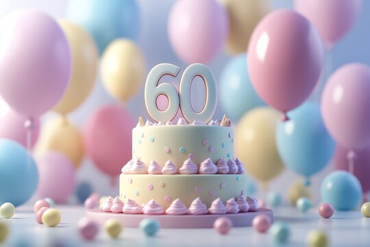 Sweet 60th birthday 3D cake, soft balloons, message space.