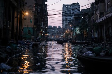 Fototapeta premium Dhaka city river view with boats, slums, and waste in foreground at twilight