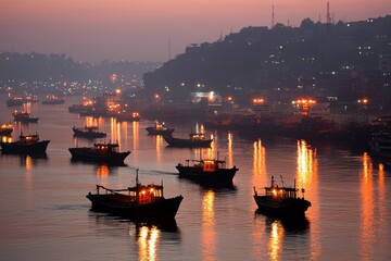 Fototapeta premium Boats cruise river with city lights at dusk, travel, tourism, commerce use