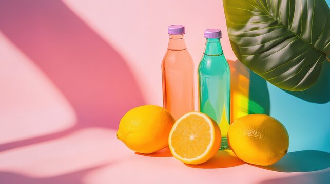 Vibrant display of colorful beverages with fresh lemons on a pastel background, ideal for summer themes