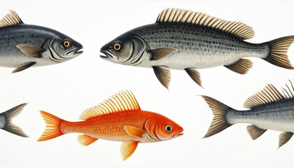 Fototapeta premium Image showcases different fish species, like goldfish and carp on a clean white background. Focus on marine biodiversity, aquatic life and underwater world, fish market, cuisine, fishing industry.