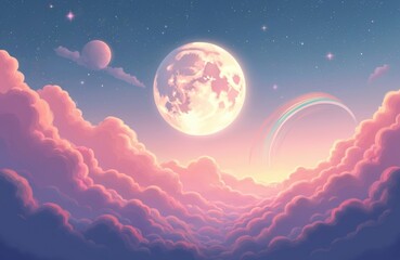 Obraz premium Fantasy illustration of pink, purple fluffy clouds, full moon, starlight. Dreamy celestial panorama with soft pastel shades, stars, rainbow. Fairy tale magic night background. Design for baby stuff.