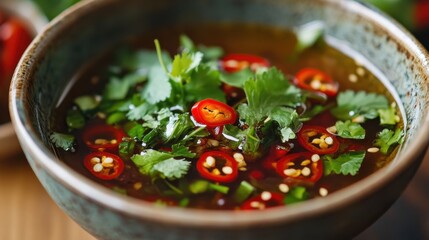 Close-up of a bowl of fish sauce with sliced red chili peppers, served with fresh herbs.