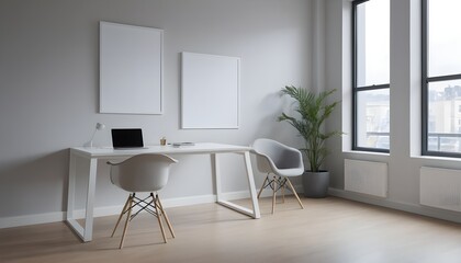 Minimalist Home Office Workspace with Blank Frames