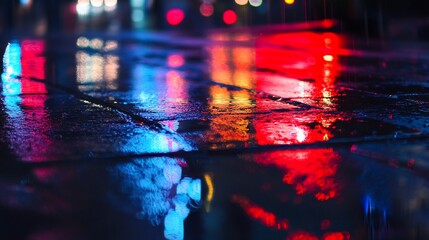 Fototapeta premium urban reflections on rain-soaked pavement at night