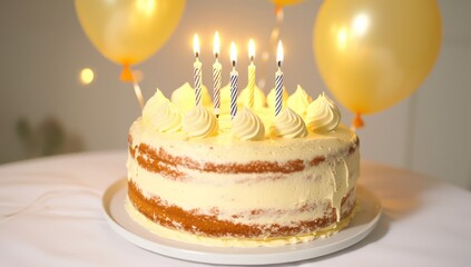 Candles, cake, and balloons, white backdrop, customizable text.