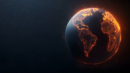 Fototapeta premium A digital rendering of Earth, depicted as a dark sphere with glowing orange circuit board patterns outlining the continents, set against a backdrop of a dark, star-studded space.