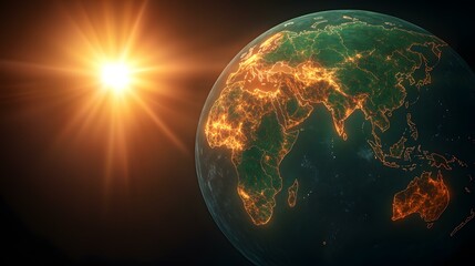 The image shows a stylized representation of Earth from space, with a bright sun in the left side of the frame.  The continents are outlined in fiery orange, suggesting human activity or energy consu