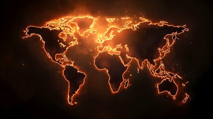 A fiery orange outline of the world map glows against a dark background, its continents subtly textured.
