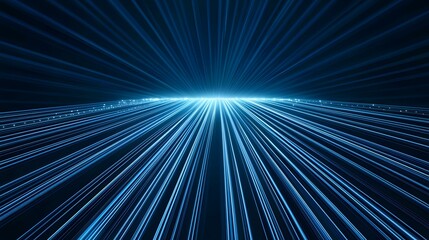 The image contains a digital rendering of numerous bright blue lines emanating from a central point, converging towards the viewer, creating a perspective effect resembling a futuristic highway or da