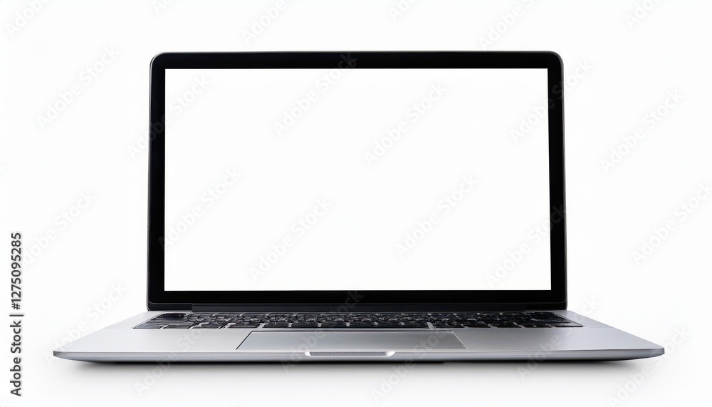 Poster studio shot of modern laptop computer with blank white screen in minimalistic setup, capturing the s