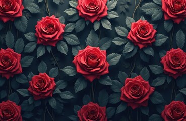 Seamless pattern of dark moody red roses with leaves. Wild rose bush creates captivating floral repeatable background wallpaper texture. Vintage visual design decor for fabrics and textile.