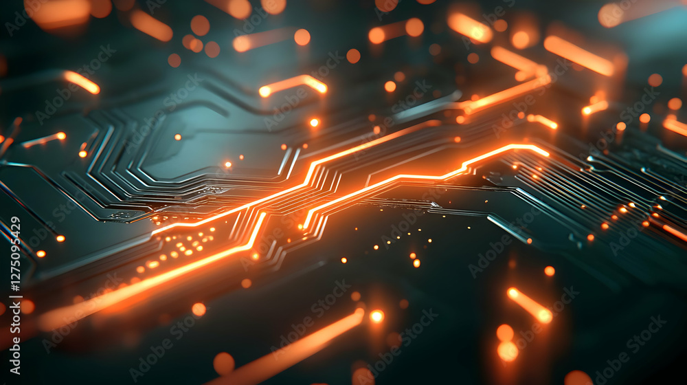 Poster abstract close-up of a circuit board with glowing orange elements and a futuristic design, ideal for