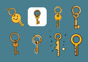 Icons sets collection of cartoon style keys with unique designs and keychains on a blue background, featuring elements like a smiley face and sparkles