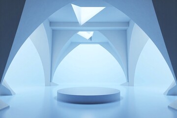 Futuristic tunnel with circular platform and triangular structures