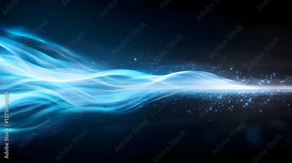 Poster an ethereal wave of blue light flows gracefully across a dark background, creating a sense of motion
