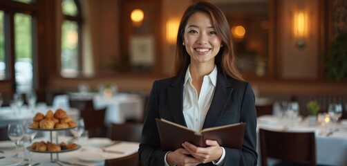 Smiling restaurant manager holds menu in upscale eatery. Asian woman, pro, welcoming, offers fine dining experience, hospitality, services. Elegant interior, table setting, catering for life events.
