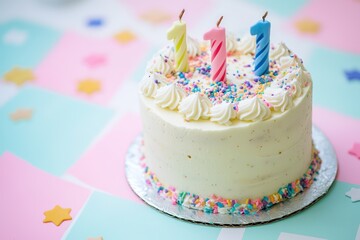 Pastel background, first-year birthday cake.