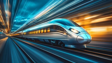 Fototapeta premium fast bullet train speeding through a futuristic city