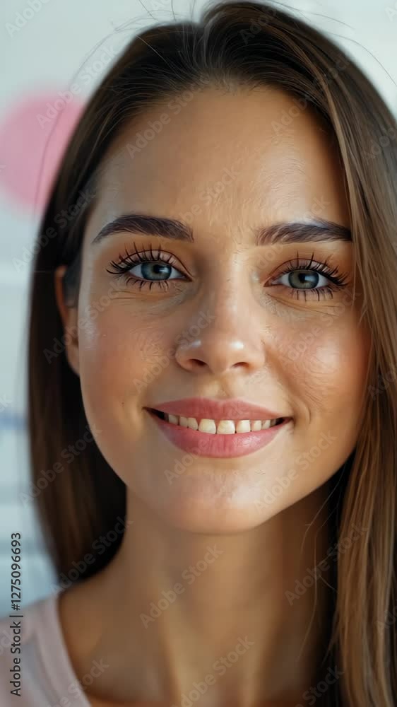 Poster confident woman in front of statistical graphs background highlighting data analysis and research in