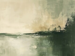 Abstract landscape, serene greens, beige sky, home decor