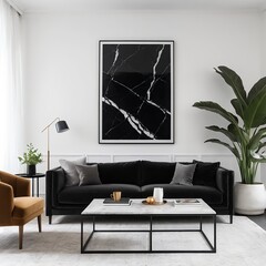 Modern Living Room Interior with Black Velvet Sofa and Marble Coffee Table