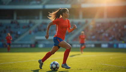 Woman running with soccer ball on field during sunny day. Female soccer player running at stadium in uniform. Soccer is popular sport for active women.