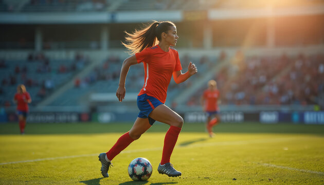 Woman running with soccer ball on field during sunny day. Female soccer player running at stadium in uniform. Soccer is popular sport for active women. - Powered by Adobe