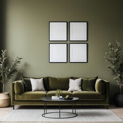 Modern Living Room Interior with Olive Green Velvet Sofa and Minimalist Decor