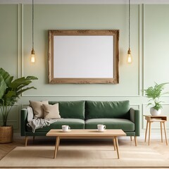 Modern Green Living Room Interior with Empty Frame Mockup