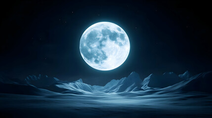 Fototapeta premium A breathtaking view of a luminous full moon illuminating a serene, icy landscape under a starry night sky.