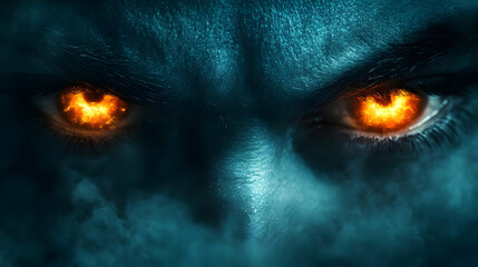A captivating close-up of a face with fiery eyes, representing intensity, power, and mystery in a dark atmosphere.