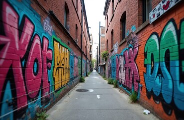 Fototapeta premium Urban graffiti alley with colorful murals on brick walls. Street art and vibrant colors create unique city culture, youth expression, creativity design. Concrete pavement between buildings.