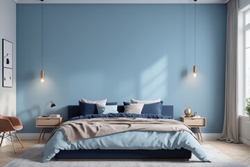 Cozy blue bedroom interior with a bed and elegant furniture