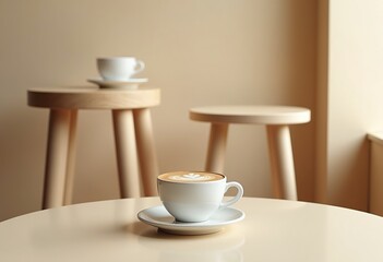 Serene Coffee Shop Aesthetic: Minimalist Design in Beige and Cream with Latte Art Detail on White Ceramic Cup and Simple Wooden Stools
