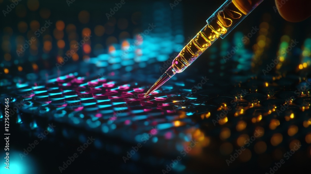 Poster close-up of scientist pipetting sample into multi-well plate for dna analysis with genetic data visu