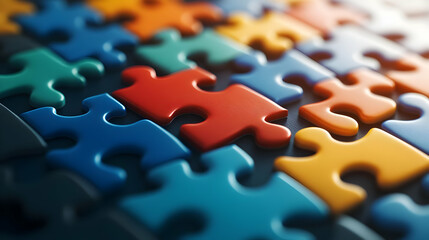 Fototapeta premium A close-up image of colorful puzzle pieces interlocked together, symbolizing creativity and problem-solving in leisure activities.