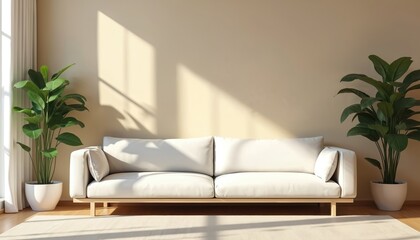 Modern living room interior with white sofa on beige wall. Green potted plants near window. Minimalist home design, contemporary apartment. Clean, stylish furniture, comfortable lounge area.