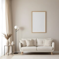 Minimalist Living Room Interior with Cream Sofa and Mockup Frame