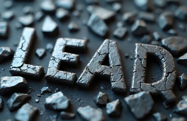 Chunks of cracked lead metal with Lead word sign for health hazard awareness campaigns. Toxic heavy industrial element regulation, cleanup and prevention concept.