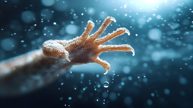 A close-up of an animal's hand in water, showcasing fine details and droplets, highlighting nature's beauty and intricate design.