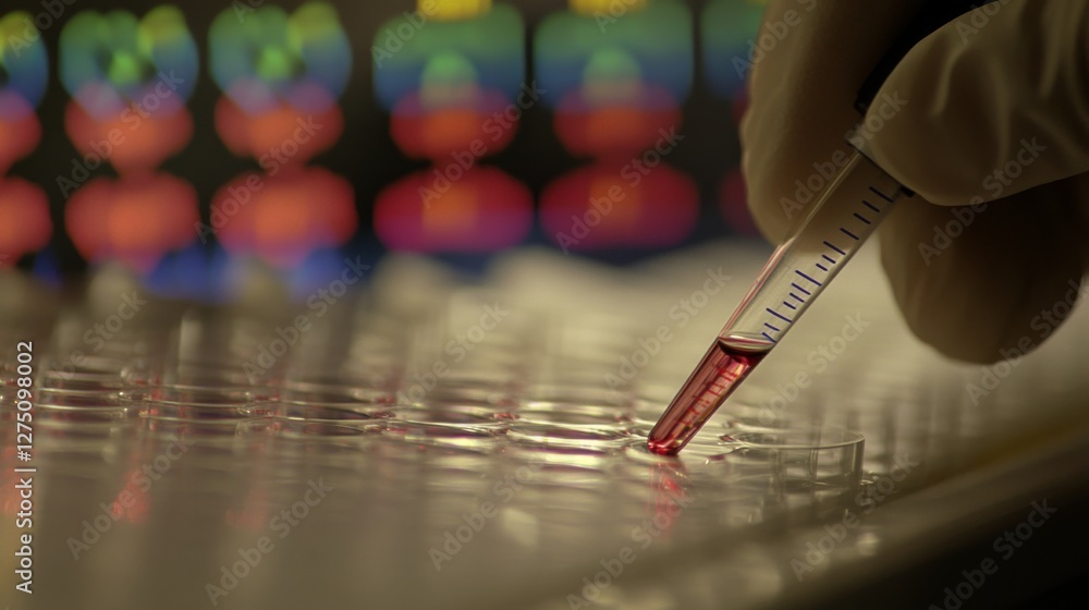 Poster close-up of scientist pipetting sample into multi-well plate for dna analysis with genetic data visu