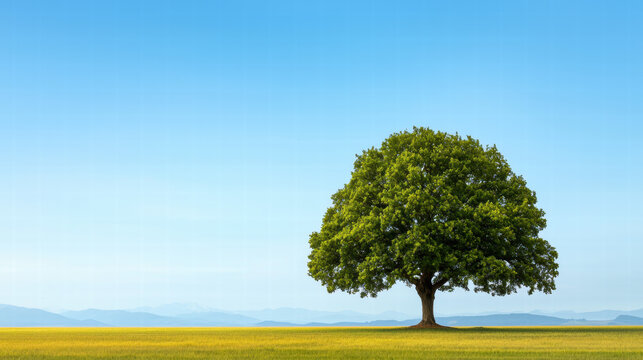 A solitary tree stands majestically in a vast field under a clear blue sky, symbolizing nature's beauty and tranquility.