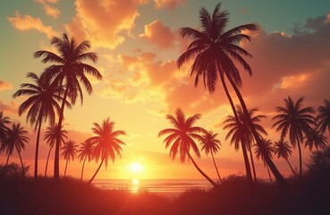 Palm silhouettes at vibrant tropical sunset on sea coast. Orange sky turns to purple gradient with setting sun. Romantic paradise vacation mood at ocean shore.